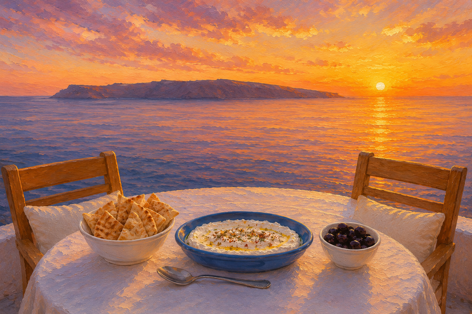 Oia Mediterranean dips served in a Santorini-inspired setting